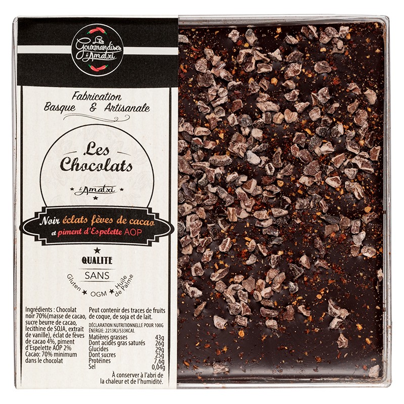 Tablette de Chocolat Noir Éclats de Fèves de Cacao & Piment d'Espelette 90g