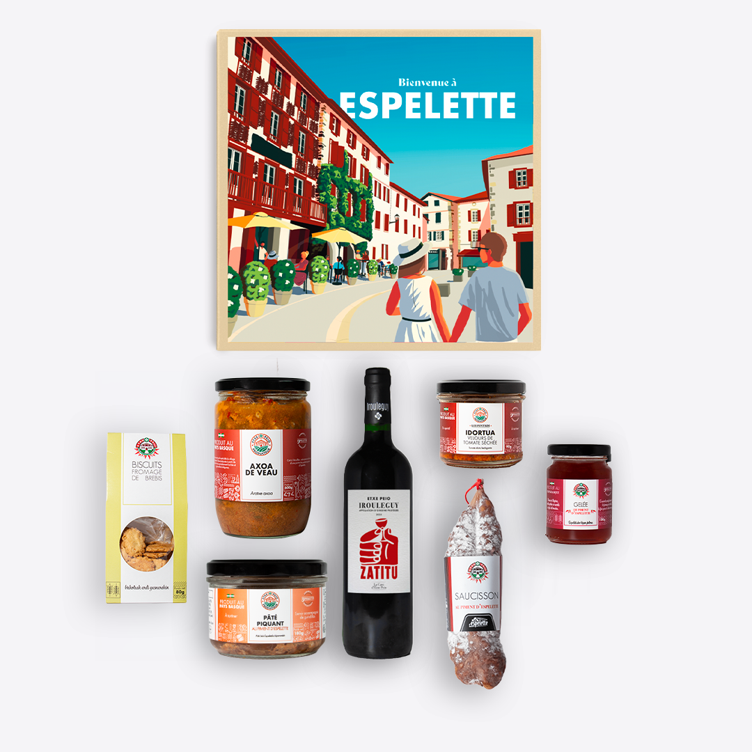 Coffret cadeau bienvenue à Espelette avec vin Irouléguy, axoa, saucisson et spécialités basques