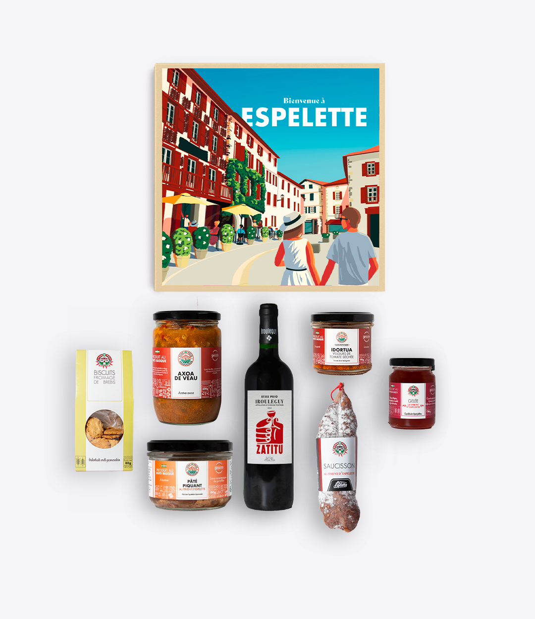 Coffret cadeau bienvenue à Espelette avec vin Irouléguy, axoa, saucisson et spécialités basques